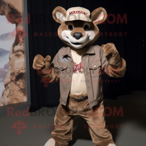 Brown Thylacosmilus mascot costume character dressed with a Mom Jeans and Berets