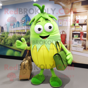 Lime Green Onion mascot costume character dressed with a Oxford Shirt and Handbags