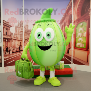 Lime Green Onion mascot costume character dressed with a Oxford Shirt and Handbags