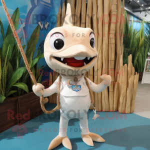 Beige Swordfish mascot costume character dressed with a Romper and Necklaces
