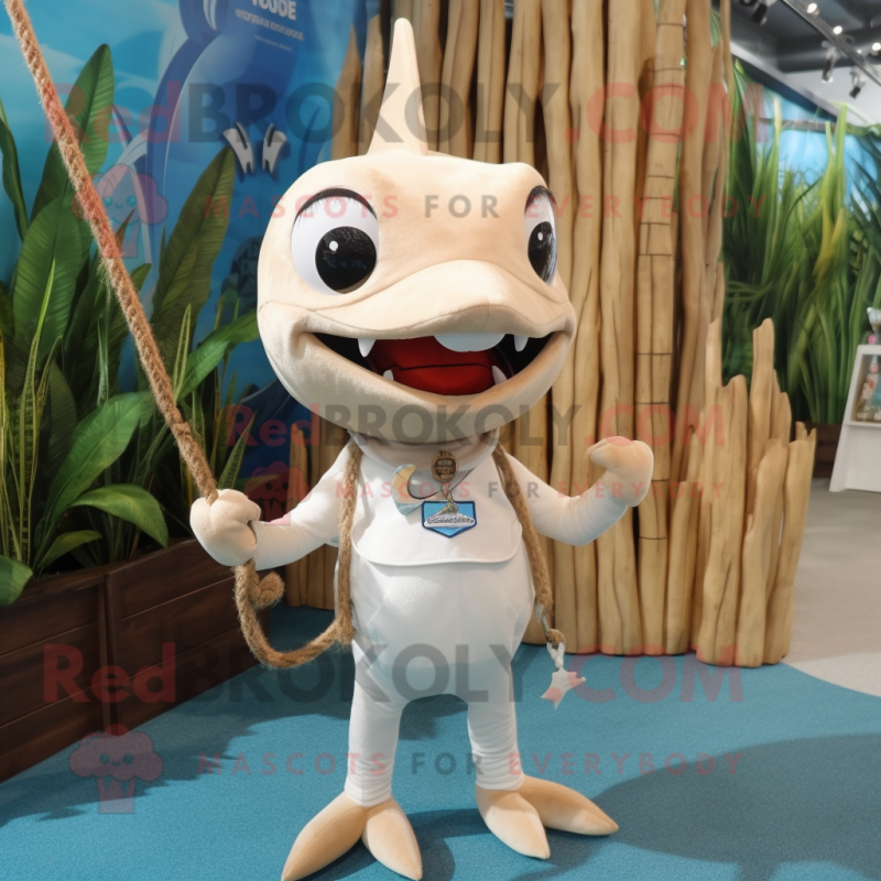 Beige Swordfish mascot costume character dressed with a Romper and Necklaces