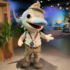 Beige Swordfish mascot costume character dressed with a Romper and Necklaces