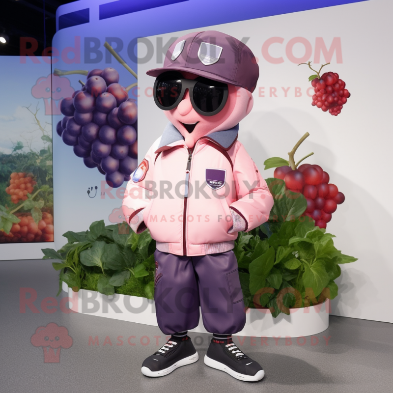 Pink Grape mascot costume character dressed with a Bomber Jacket and Brooches