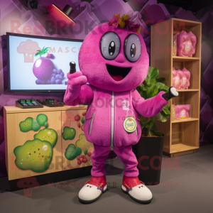 Pink Grape mascot costume character dressed with a Bomber Jacket and Brooches