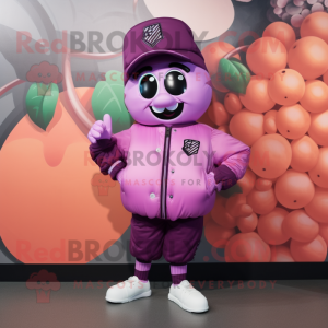 Pink Grape mascot costume character dressed with a Bomber Jacket and Brooches