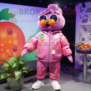 Pink Grape mascot costume character dressed with a Bomber Jacket and Brooches