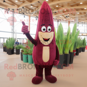 Maroon Asparagus mascot costume character dressed with a Flare Jeans and Gloves