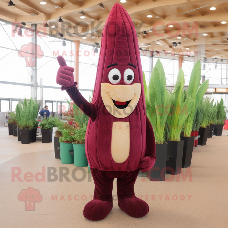 Maroon Asparagus mascot costume character dressed with a Flare Jeans and Gloves Maroon Asparagus mascot costume character dressed with a Flare Jeans and Gloves