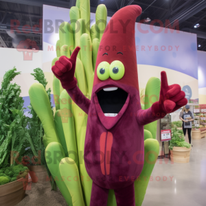 Maroon Asparagus mascot costume character dressed with a Flare Jeans and Gloves