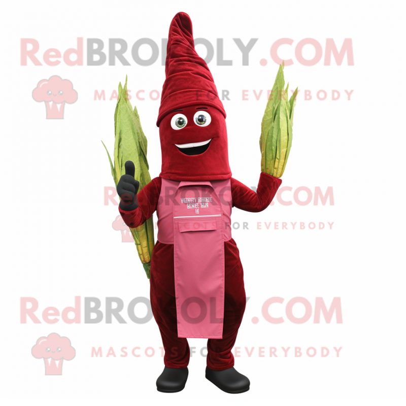 Maroon Asparagus mascot costume character dressed with a Flare Jeans and Gloves Maroon Asparagus mascot costume character dressed with a Flare Jeans and Gloves