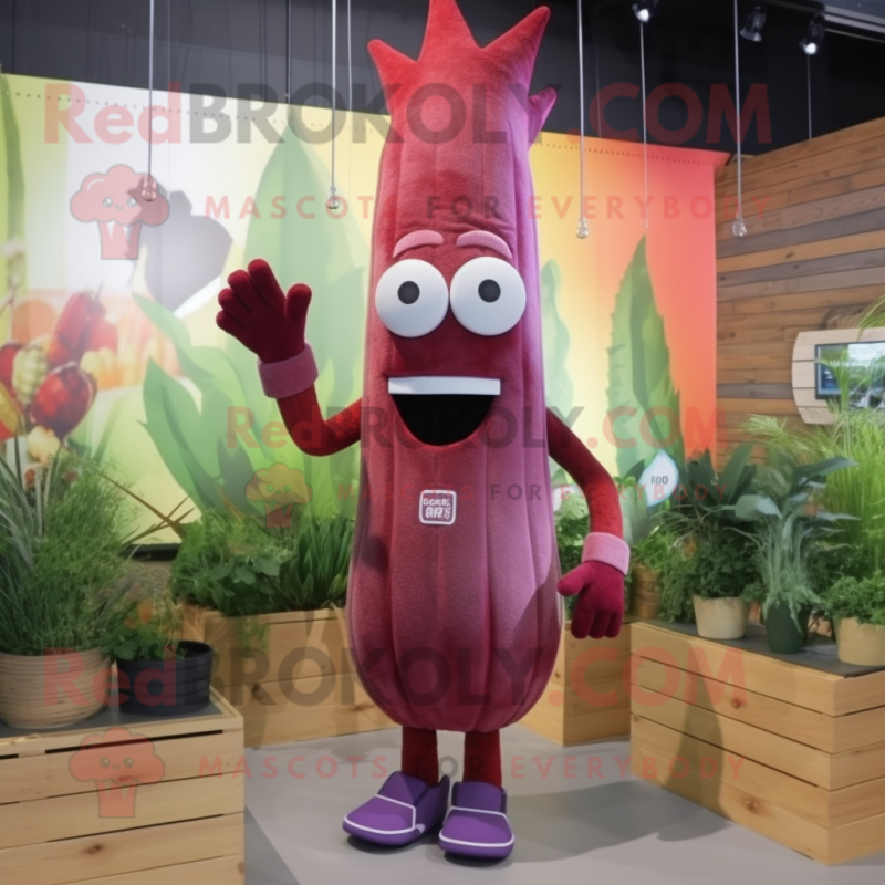 Maroon Asparagus mascot costume character dressed with a Flare Jeans and Gloves