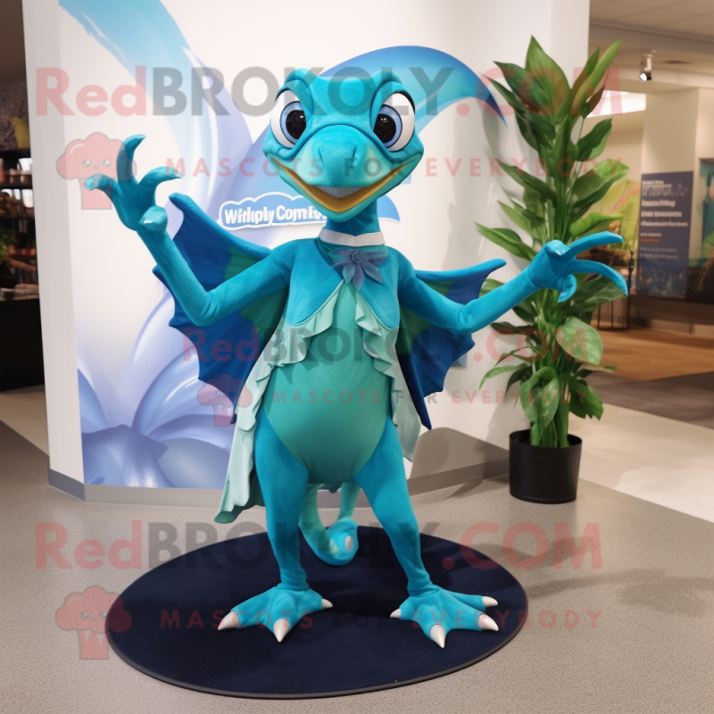 Turquoise Dimorphodon mascot costume character dressed with a Circle Skirt and Gloves