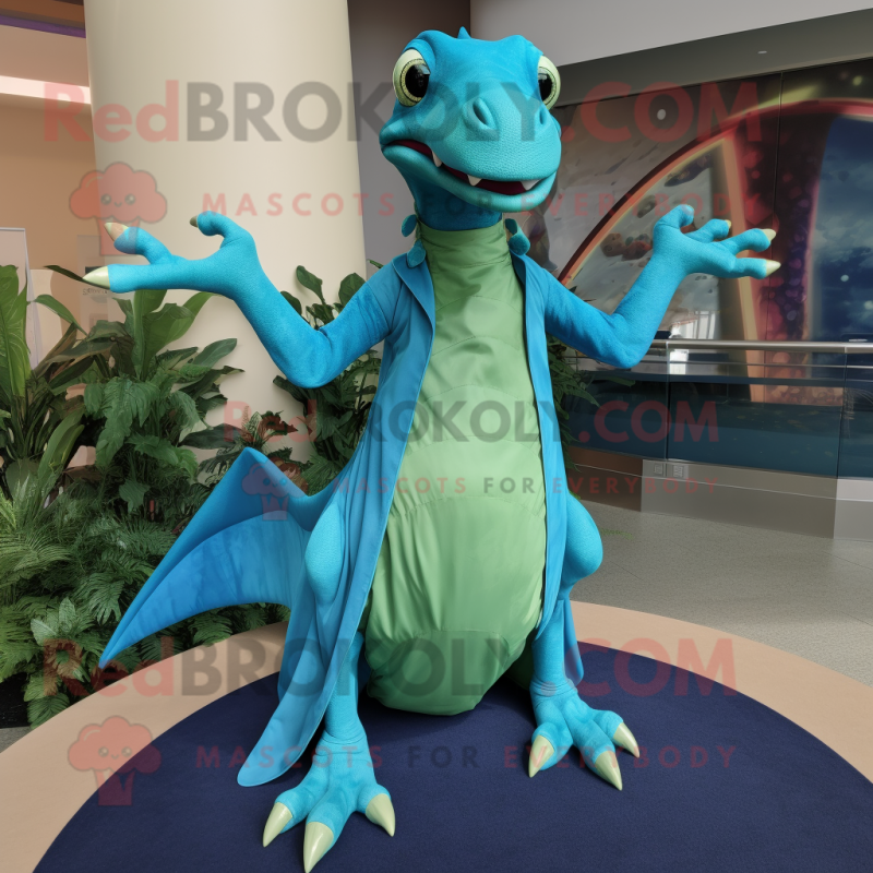 Turquoise Dimorphodon mascot costume character dressed with a Circle Skirt and Gloves