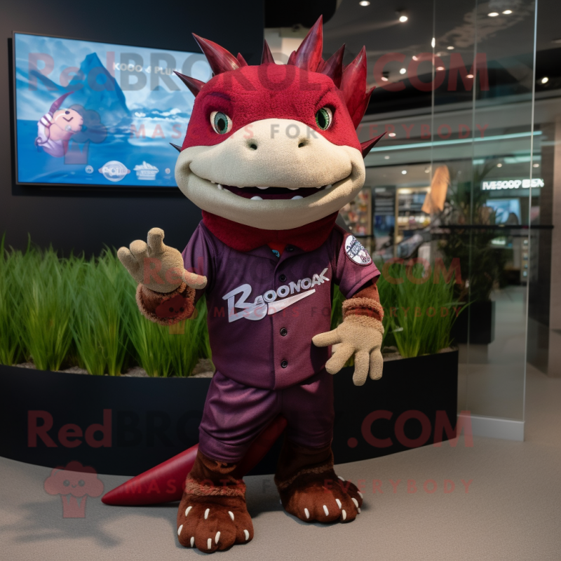 Maroon Axolotls mascot costume character dressed with a Baseball Tee and Bracelet watches