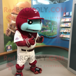 Maroon Axolotls mascot costume character dressed with a Baseball Tee and Bracelet watches