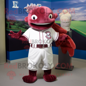 Maroon Axolotls mascot costume character dressed with a Baseball Tee and Bracelet watches