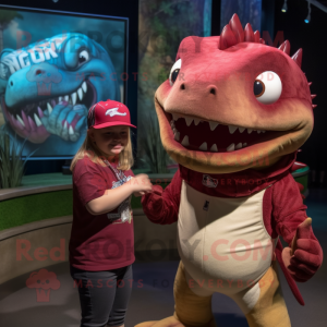 Maroon Axolotls mascot costume character dressed with a Baseball Tee and Bracelet watches