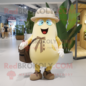 Beige Mango mascot costume character dressed with a Playsuit and Messenger bags