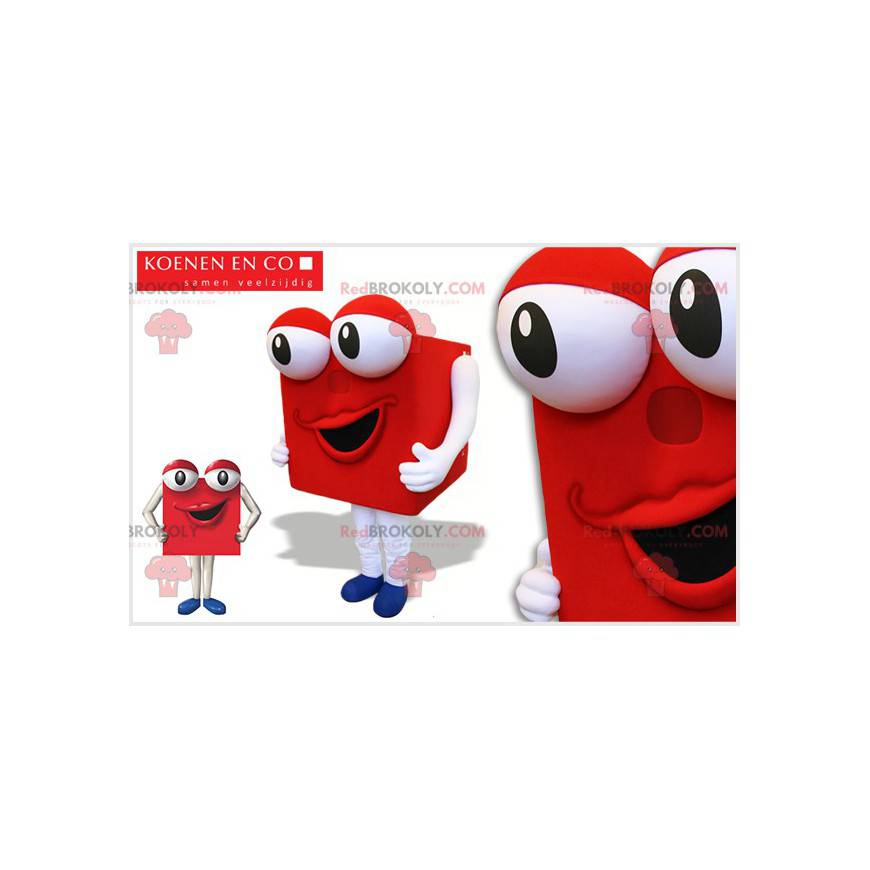 Red cube mascot of square snowman with big eyes - Redbrokoly.com