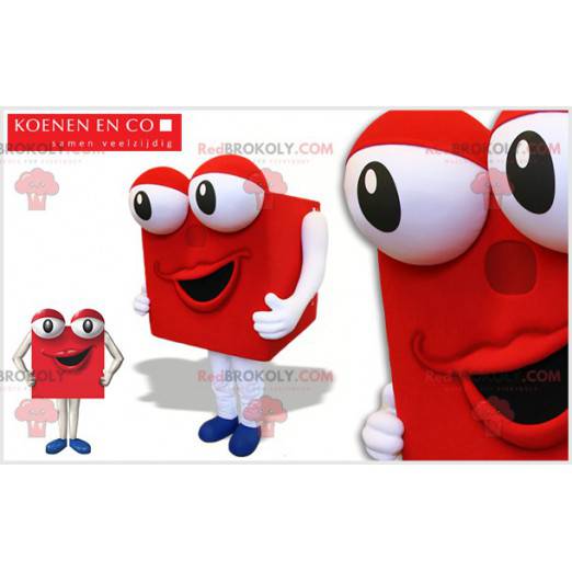 Red cube mascot of square snowman with big eyes - Redbrokoly.com