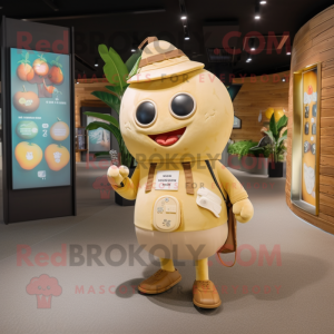 Beige Mango mascot costume character dressed with a Playsuit and Messenger bags