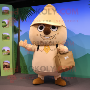 Beige Mango mascot costume character dressed with a Playsuit and Messenger bags