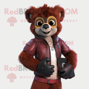 Maroon Lemur mascot costume character dressed with a Leather Jacket and Wallets