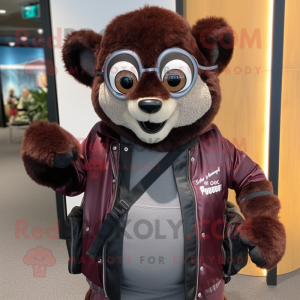 Maroon Lemur mascot costume character dressed with a Leather Jacket and Wallets