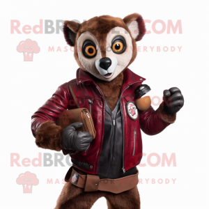 Maroon Lemur mascot costume character dressed with a Leather Jacket and Wallets