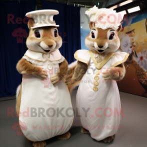 Tan Squirrel mascot costume character dressed with a Wedding Dress and Caps