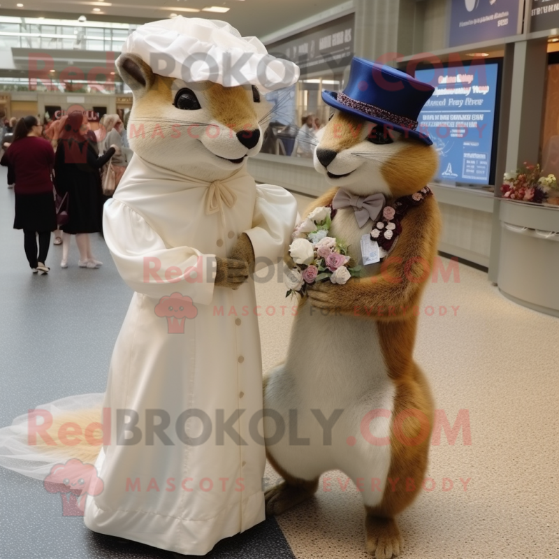 Tan Squirrel mascot costume character dressed with a Wedding Dress and Caps