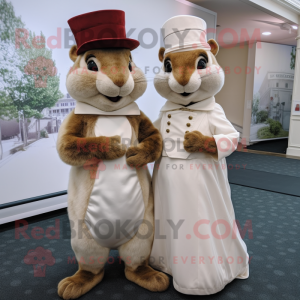 Tan Squirrel mascot costume character dressed with a Wedding Dress and Caps