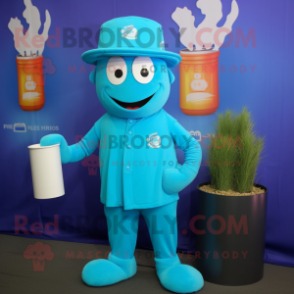 Cyan Scented Candle mascot costume character dressed with a Polo Shirt and Caps
