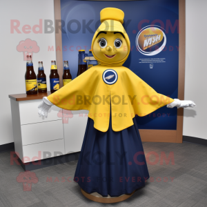 Navy Bottle Of Mustard mascot costume character dressed with a Circle Skirt and Shawl pins