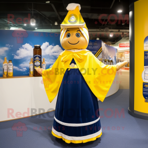 Navy Bottle Of Mustard mascot costume character dressed with a Circle Skirt and Shawl pins