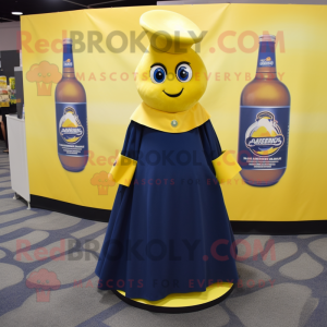 Navy Bottle Of Mustard mascot costume character dressed with a Circle Skirt and Shawl pins