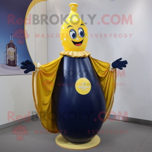 Navy Bottle Of Mustard mascot costume character dressed with a Circle Skirt and Shawl pins