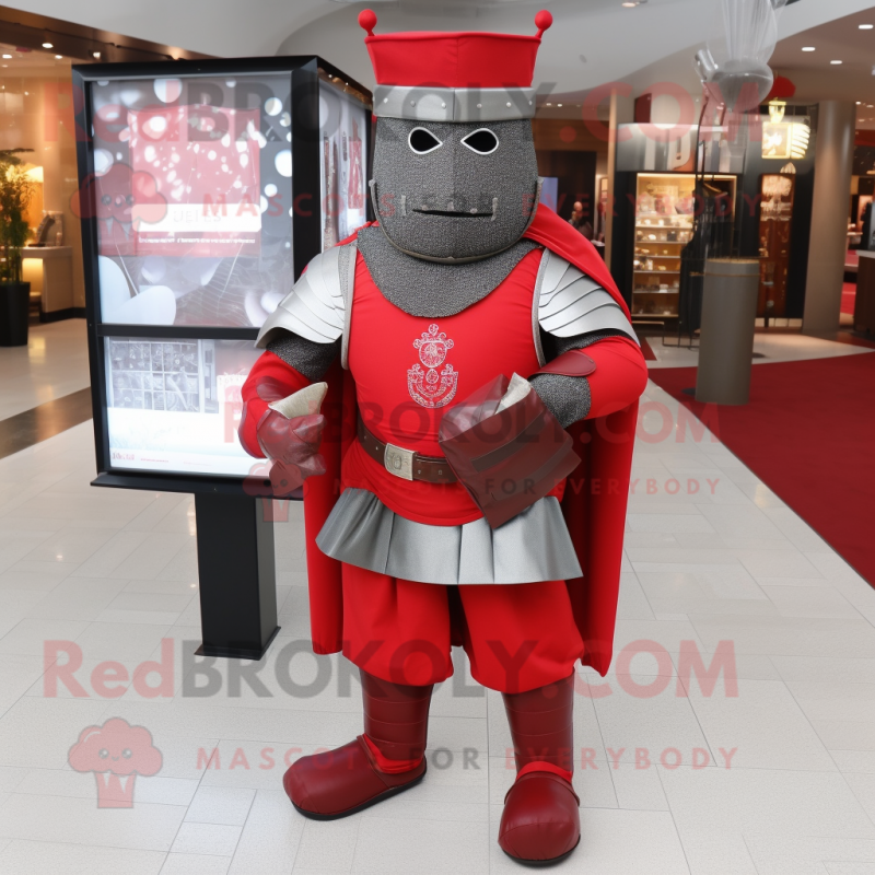 Red Medieval Knight mascot costume character dressed with a Yoga Pants and Coin purses