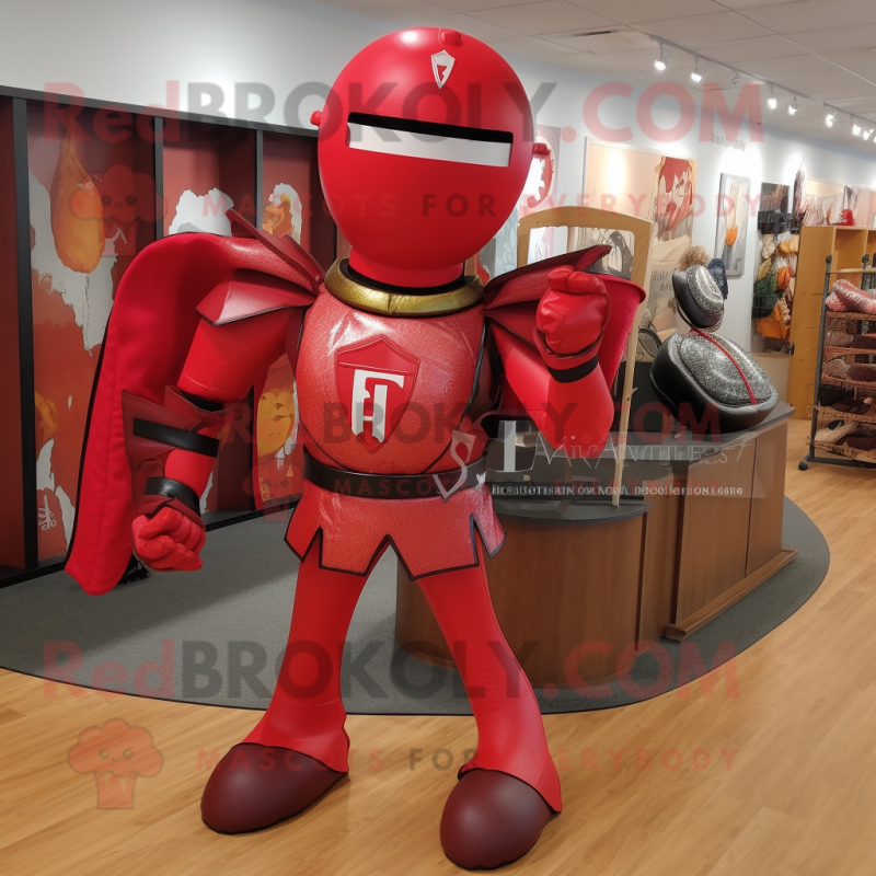 Red Medieval Knight mascot costume character dressed with a Yoga Pants and Coin purses