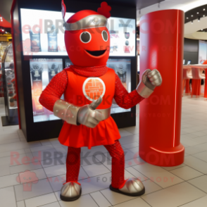 Red Medieval Knight mascot costume character dressed with a Yoga Pants and Coin purses