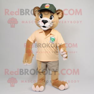 Tan Mountain Lion mascot costume character dressed with a Bermuda Shorts and Caps