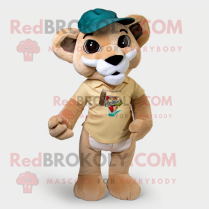 Tan Mountain Lion mascot costume character dressed with a Bermuda Shorts and Caps