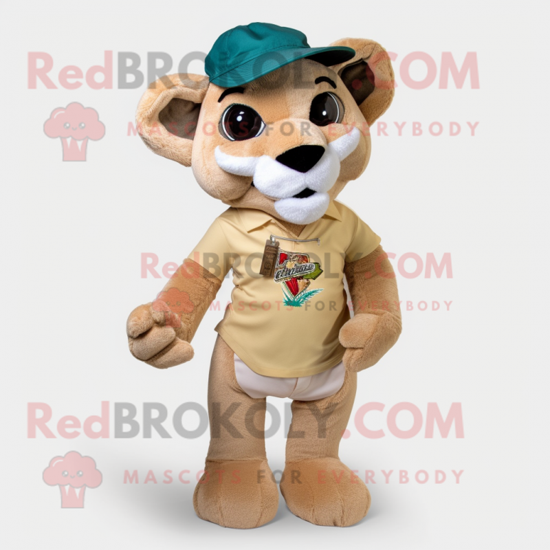 Tan Mountain Lion mascot costume character dressed with a Bermuda Shorts and Caps Tan Mountain Lion mascot costume character dressed with a Bermuda Shorts and Caps