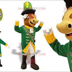 Cow mascot in white and yellow green Renaissance outfit -