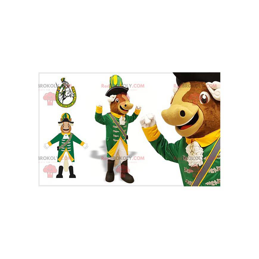 Cow mascot in white and yellow green Renaissance outfit -