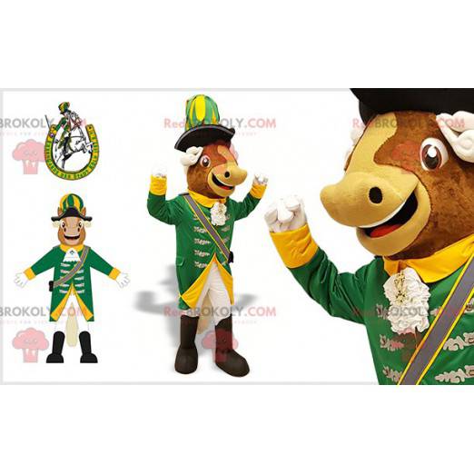 Cow mascot in white and yellow green Renaissance outfit -