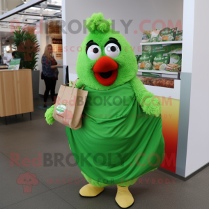 Green Chicken Parmesan mascot costume character dressed with a Wrap Skirt and Tote bags