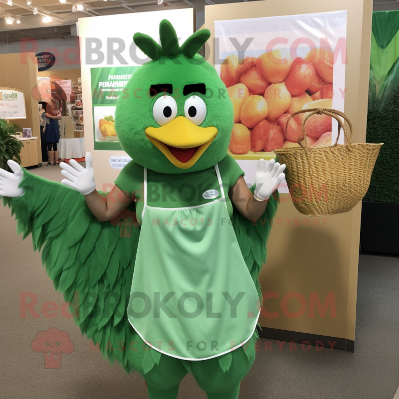 Green Chicken Parmesan mascot costume character dressed with a Wrap Skirt and Tote bags