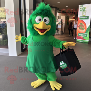 Green Chicken Parmesan mascot costume character dressed with a Wrap Skirt and Tote bags