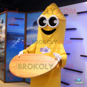 Gold Surfboard mascot costume character dressed with a Cover-up and Reading glasses